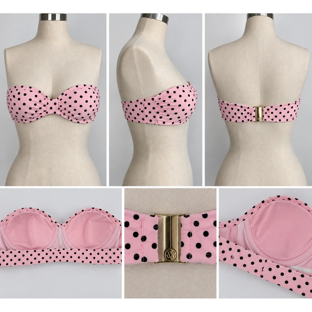 Victoria's Secret Pink Black Polka Dot Bandeau Bikini Top Twist Front Gold Clasp